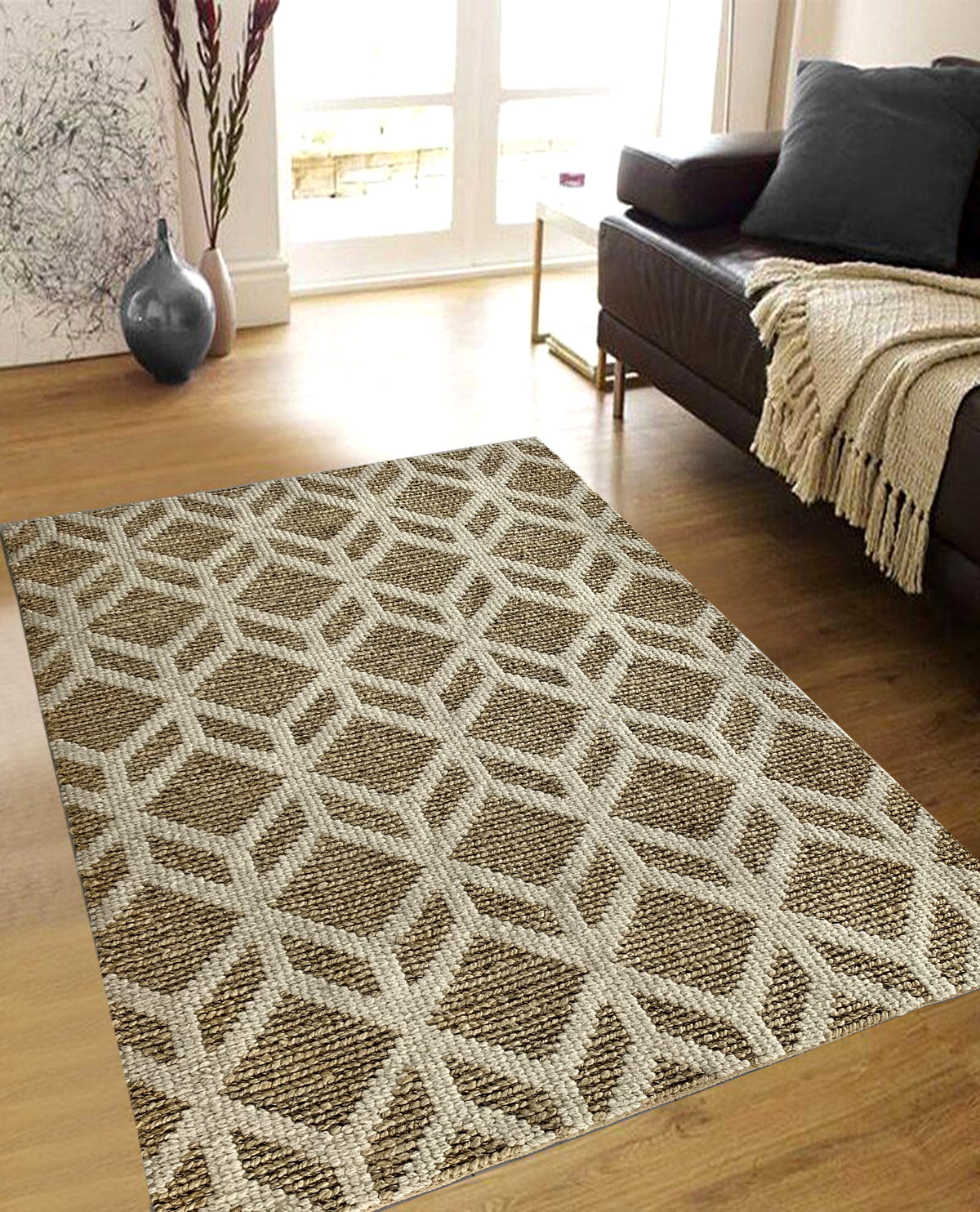 Rugslane Beige Modern Jute  Carpet 4.6ft X 6.6ft