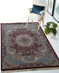 Rugslane Irani Red Ground Turquoise Border Oriental  Design High Quality Super Premium Silk Carpet 4ft X 6ft