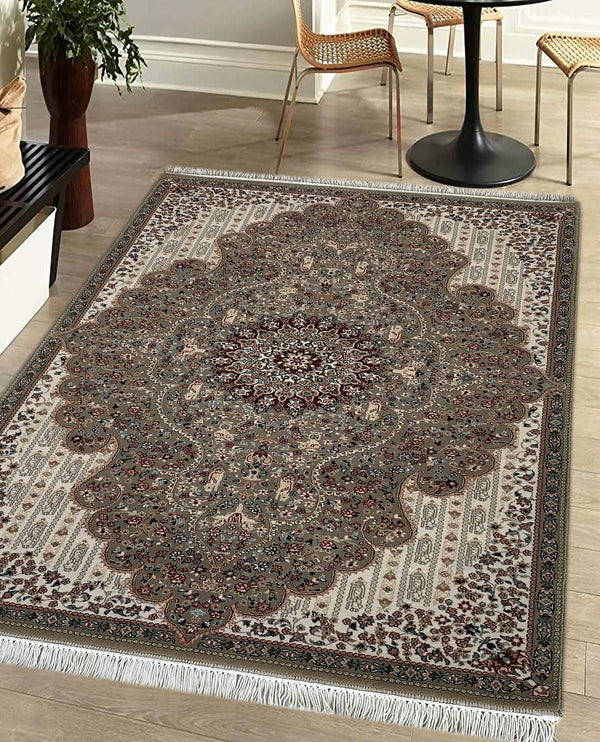 Rugslane Irani Md Brown & White Color High Quality Premium Silk Floral Carpet 3.3ft X 5.0ft