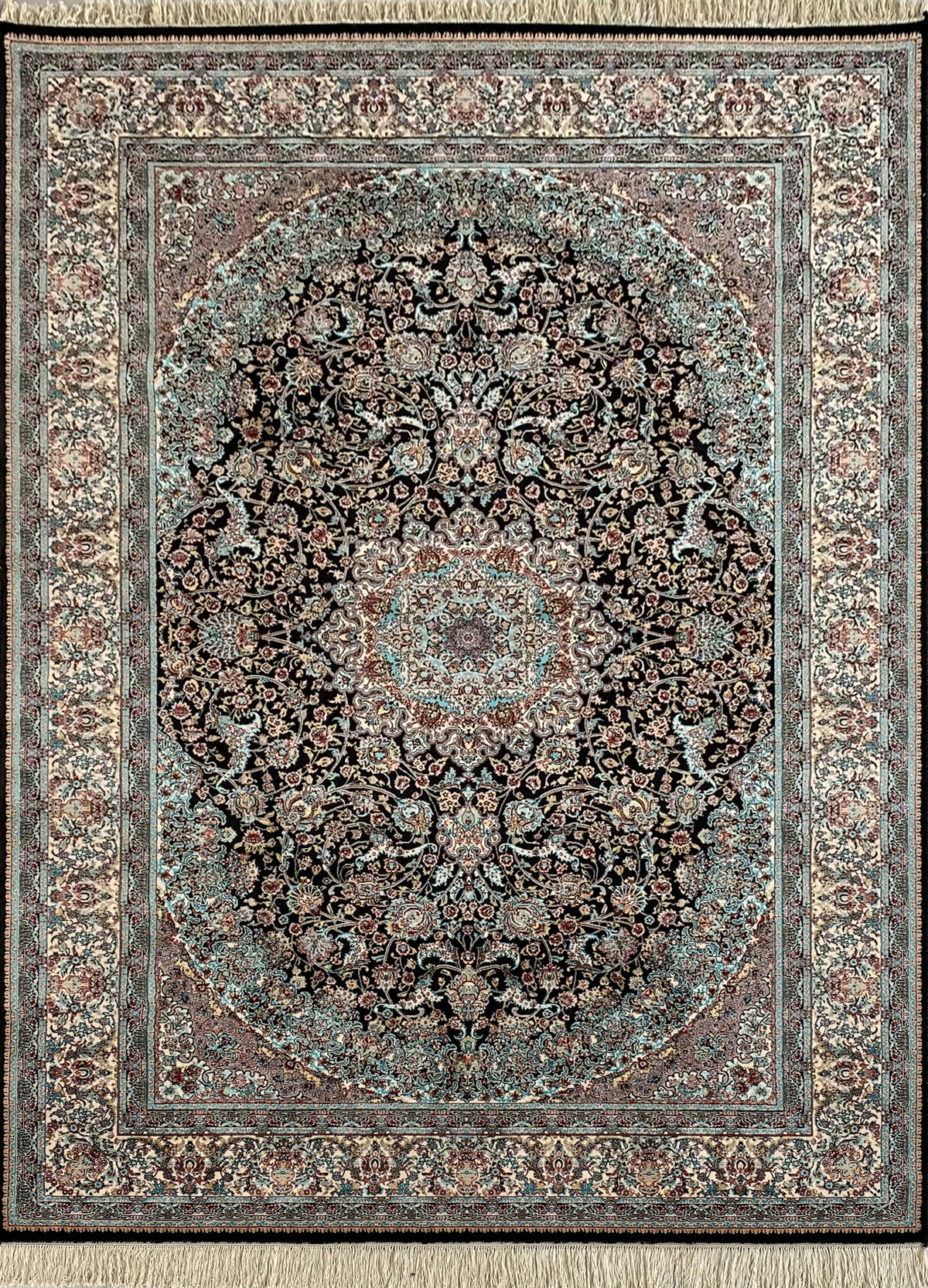 Rugslane Irani Black Ground Cream Border High Quality Super Premium Silk Carpet 5.0ft X 7.5ft