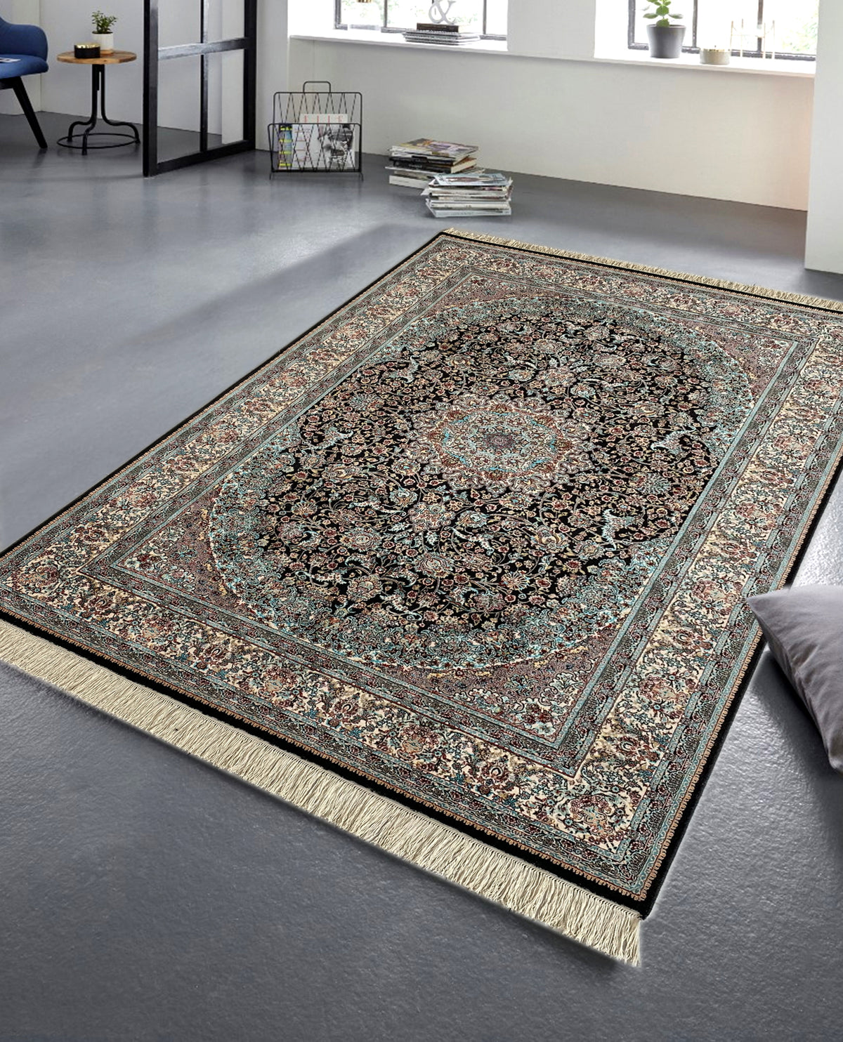 Rugslane Irani Black Ground Cream Border High Quality Super Premium Silk Carpet 5.0ft X 7.5ft