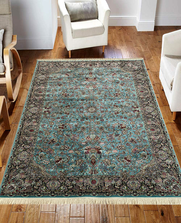 Rugslane Irani Turquoise Ground Black Border Traditional Design High Quality Super Premium Silk Carpet 5ft X 7ft