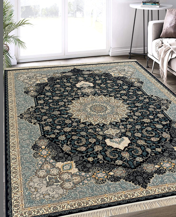 Rugslane Irani Blue Ground light Blue Border Traditional Design High Quality Super Premium Silk Carpet 8.3 ft 11.6 ft