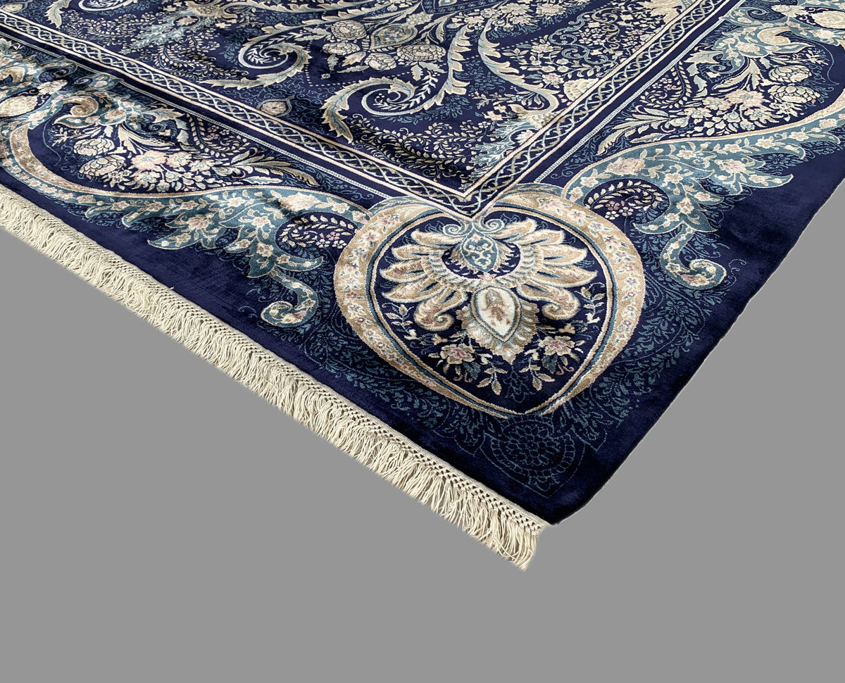 Rugslane Irani Blue Ground Blue Border High Quality Super Premium Silk Carpet 6.6ft X 9.6ft