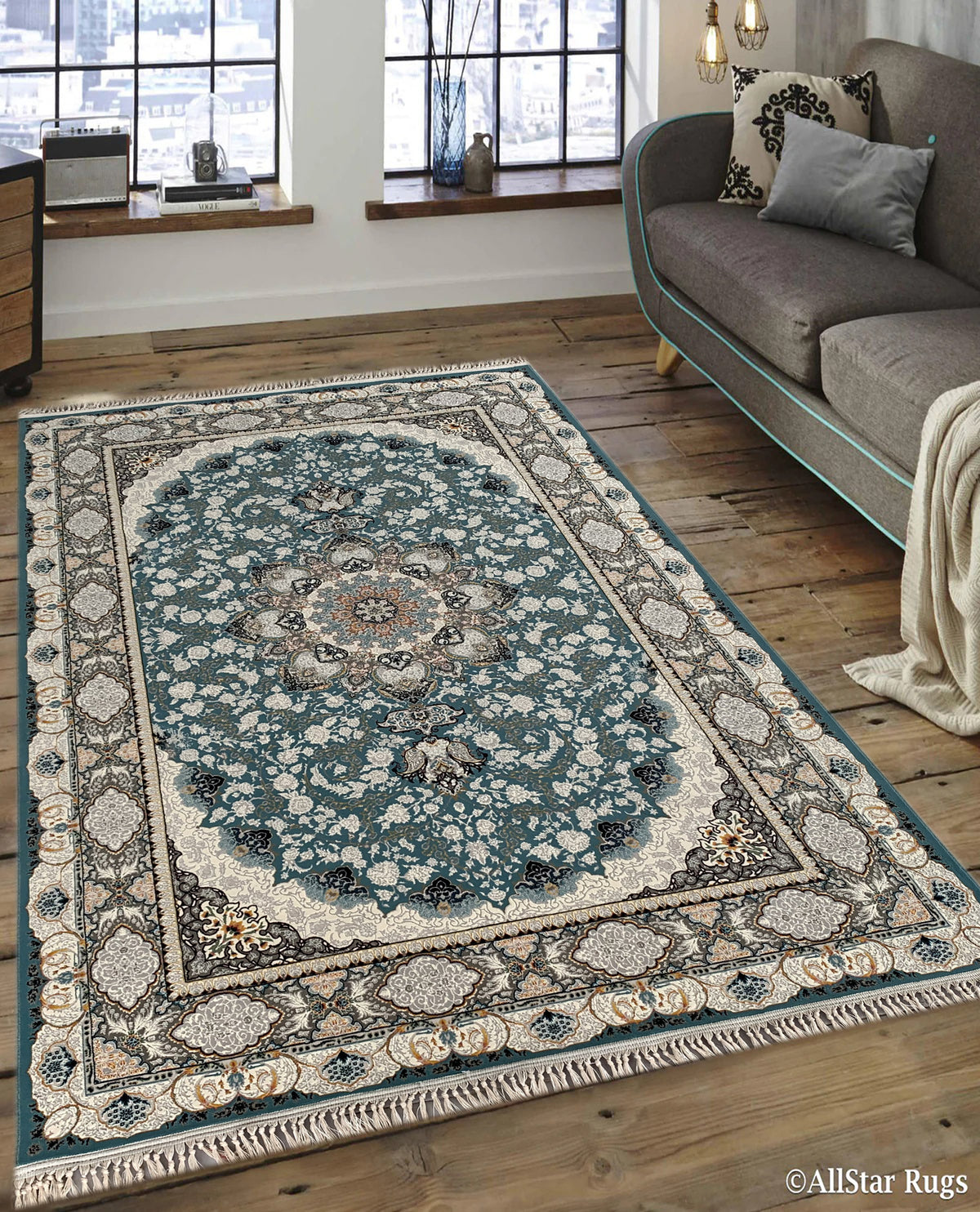 Rugslane Irani Turquoise Ground Black Border Tradition Design High Quality Super Premium Silk Carpet 5ft X 7.6ft
