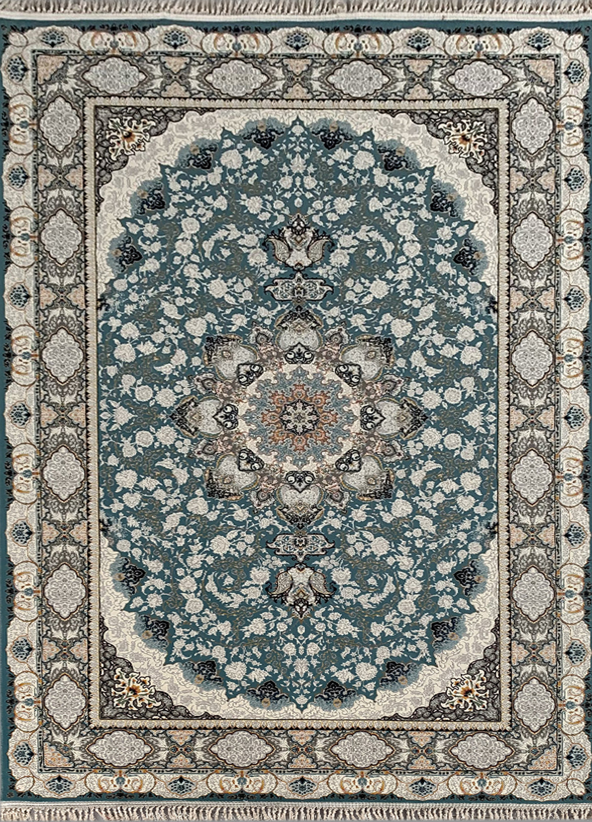 Rugslane Irani Turquoise Ground Black Border Tradition Design High Quality Super Premium Silk Carpet 5ft X 7.6ft