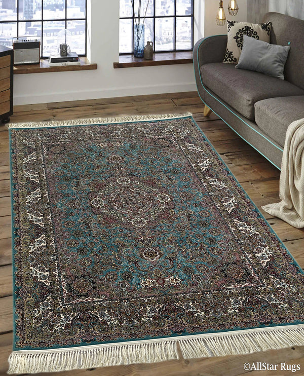 Rugslane Irani Turquoise Color Traditional Persian Design Super Premium  Qualify Silk Carpet  5 ft x 7 ft