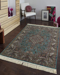 Rugslane Irani Turquoise Color Traditional Persian Design Super Premium  Qualify Silk Carpet  5 ft x 7 ft