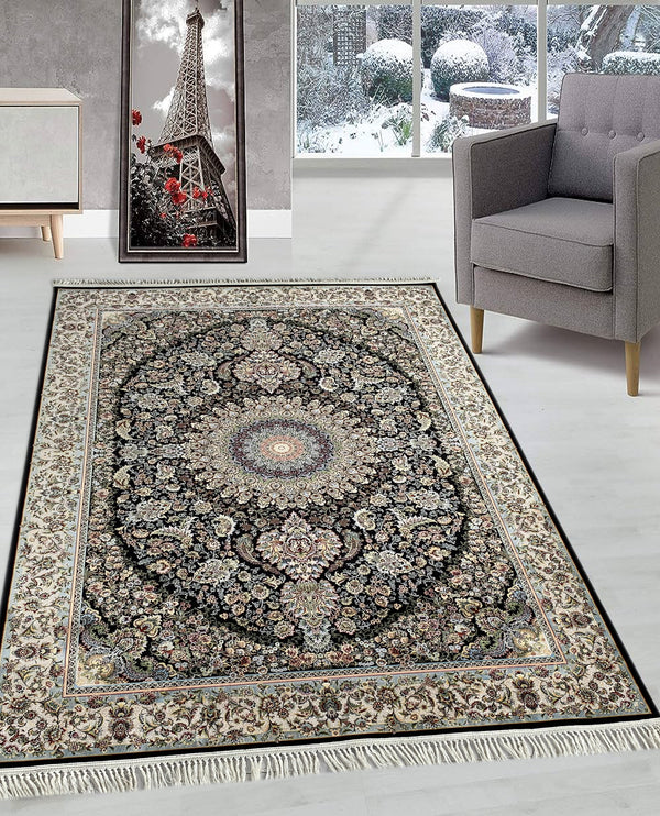 Rugslane Irani Black Ground Cream Border Traditional Design High Quality Super Premium Silk Carpet 6.0ft X 9.0ft