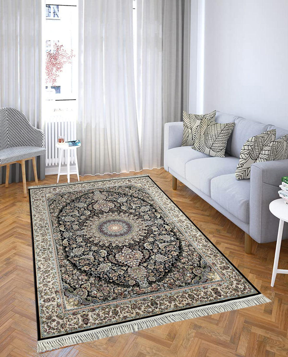 Rugslane Irani Black Ground Cream Border Traditional Design High Quality Super Premium Silk Carpet 6.0ft X 9.0ft