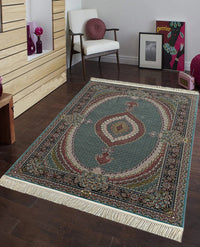 Rugslane Irani Green Ground Black Border Mahi Bidjar Design High Quality Super Premium Silk Carpet 5ft X 7ft
