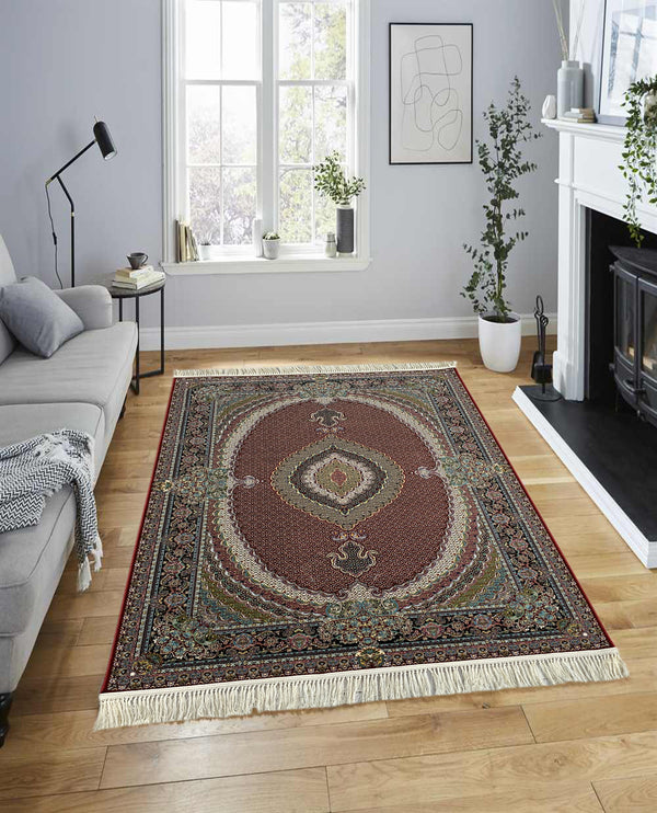 Rugslane Irani Red Ground Black Border Mahi Bidjar Design High Quality Super Premium Silk Carpet 5ft X 7ft