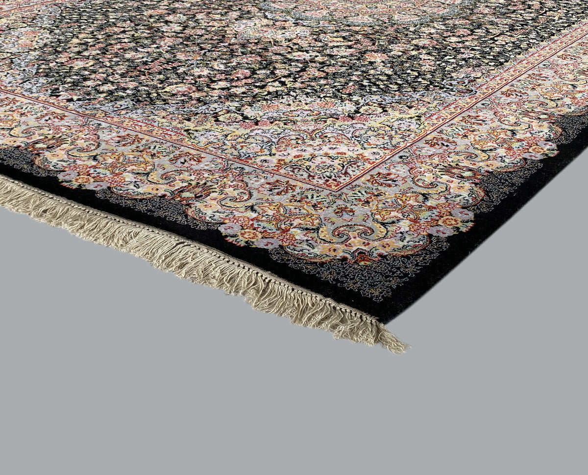 Rugslane Irani Black Ground Silver Border High Quality Super Premium Silk Carpet 4ft X 6ft