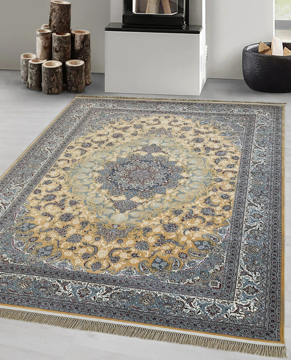Rugslane Irani Yellow Ground White Border Tradition Persian Design High Quality Super Premium Silk Carpet 8.3ft X 11.6 ft