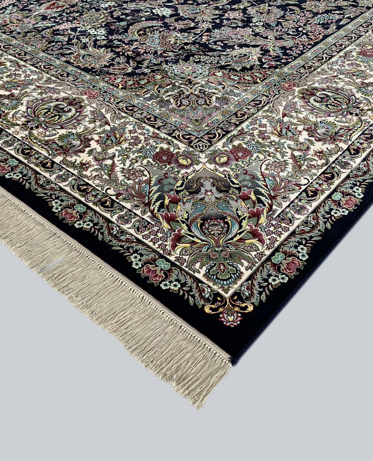 Rugslane Irani Black Ground White Border High Quality Super Premium Silk Carpet 8.3ft X 11.6