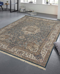 Rugslane Irani Medium Blue Ground White Border High Quality Super Premium Silk Carpet 8ft X 11 ft