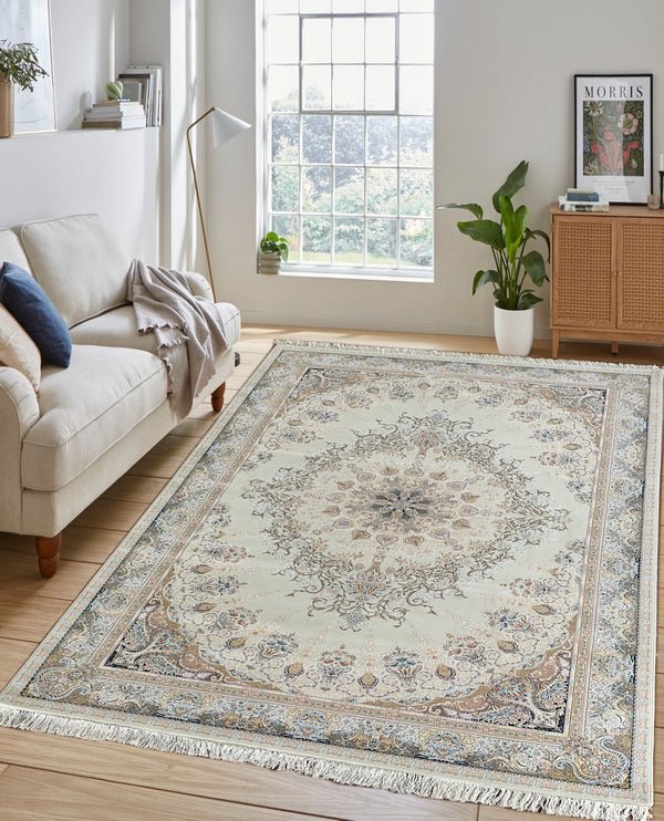 Rugslane Silver & Beige Color Floral Design High Quality Irani Carpet