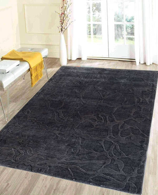 Rugslane Hand Knotted Modern Self  Design Charcoal Color High Low Wool Viscose Carpet 5.7 ft x 7.10 ft