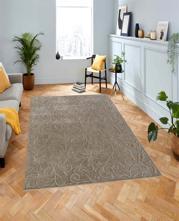 Rugslane Hand Knotted Floral Design Beige Color High Low Wool Viscose Carpet 5.7 ft x 7.10 ft