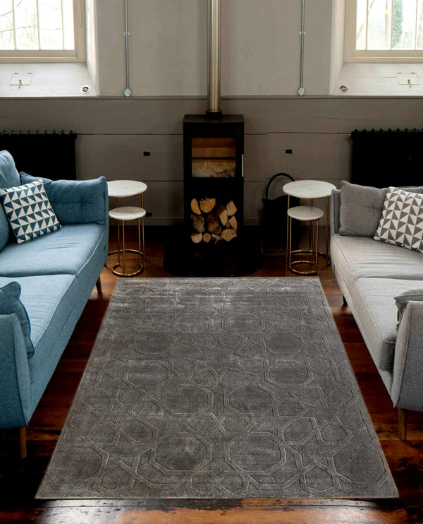 Rugslane Hand Knotted Modern Trellis Design Grey High Low Wool Viscose  Carpet 5.7 ft x 7.10