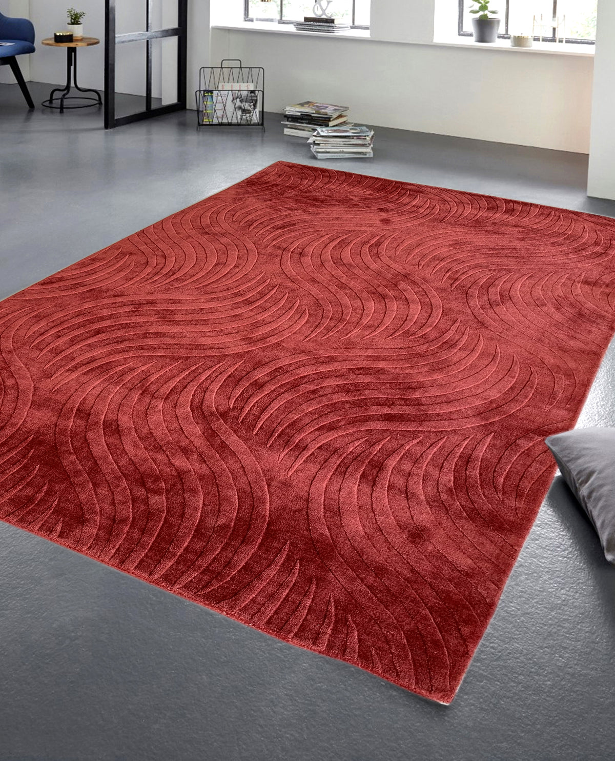 Rugslane Hand Knotted Modern Trellis Design Red Color High Low Wool Viscose Carpet 5.7 ft x 7.10 ft