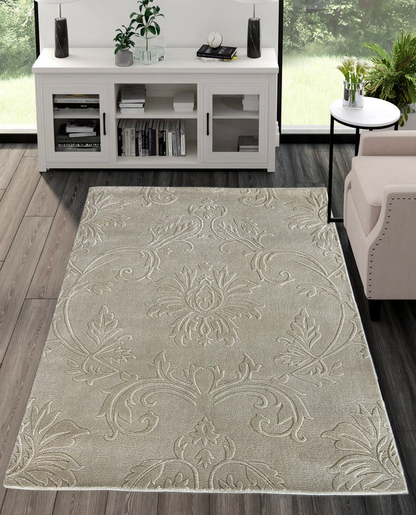 Rugslane Hand Knotted White Wool & viscose Mix High Low Embossed FLORAL Carpet 4.0ft X 6.0ft