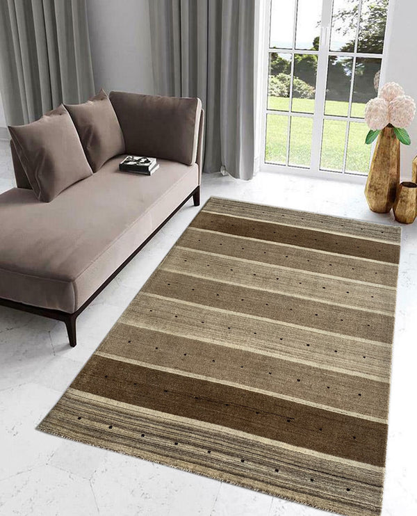 Rugslane Hand Knotted Natural Beige Brown Textured Color Stripes Design Luxurious GABBEH Carpet 4.6ft x 6.6 ft