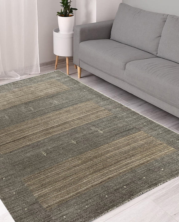Rugslane Hand Knotted Natural Grey Silver Textured Color Stripes Design Luxurious GABBEH Carpet 4.10ft x 6.3ft