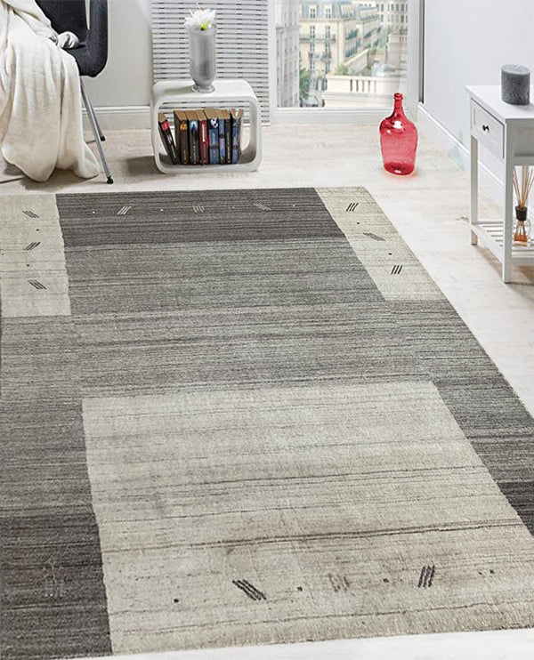 Rugslane Hand Knotted Natural Grey Silver Textured Color Border Design Luxurious GABBEH Carpet 4.6ft x 6.6 ft