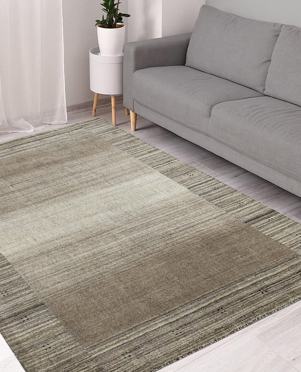 Rugslane Hand Knotted Natural Beige Brown Textured Color Border Design Luxurious GABBEH Carpet 4.6ft x 6.6 ft