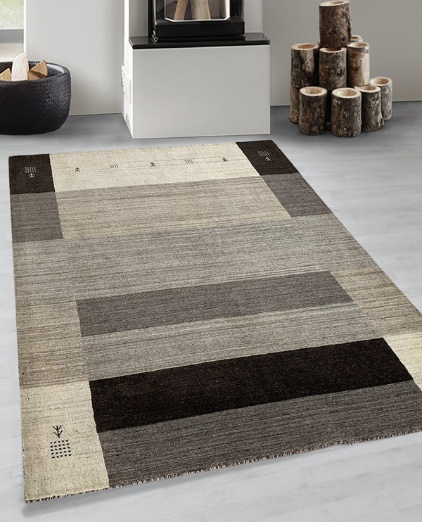Rugslane Hand Knotted Natural Grey Silver Textured Color Border Design Luxurious GABBEH Carpet 4.6ft x 6.6 ft