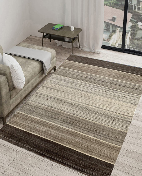 Rugslane Hand Knotted Natural Brown Beige Textured Color Stripe Design Luxurious GABBEH Carpet 4.6ft x 6.6 ft