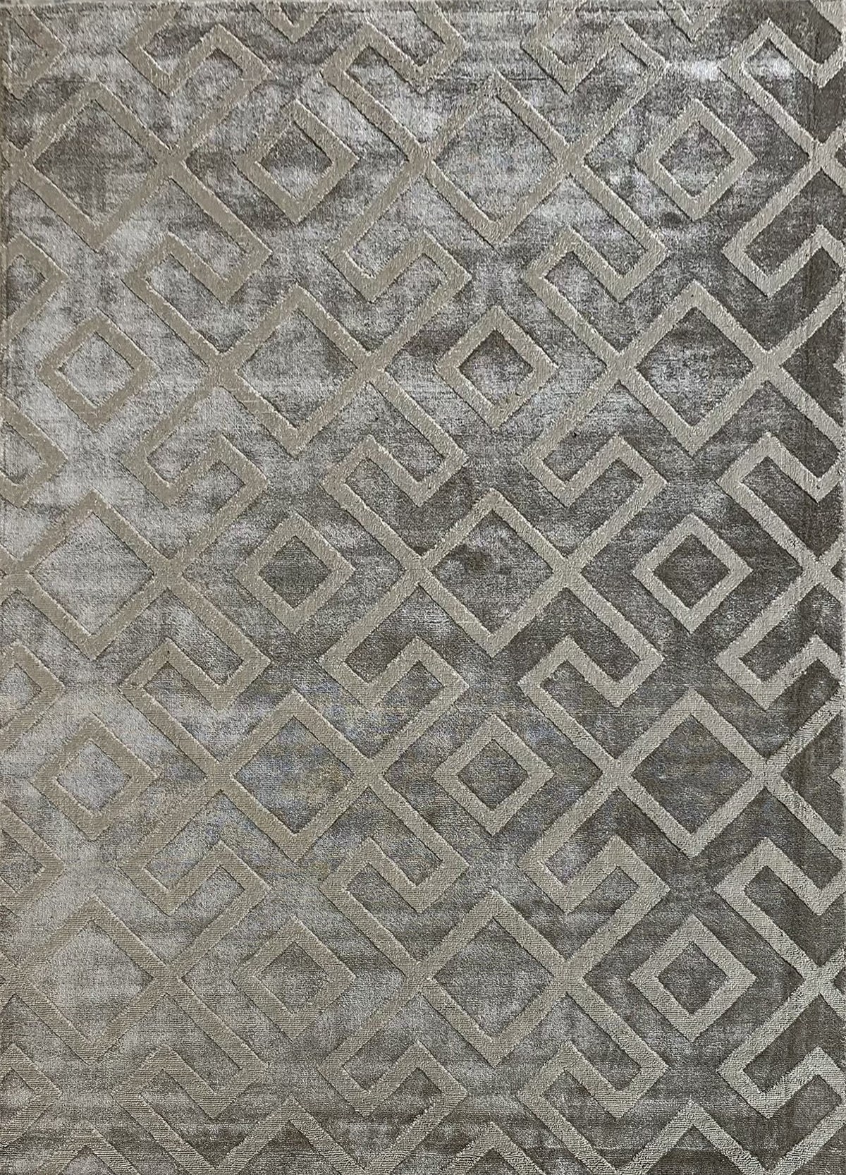 Rugslane Hand Knotted Modern Trellis Design Silver Grey High Low Banana Silk Carpet 4.6ft X 6.6ft