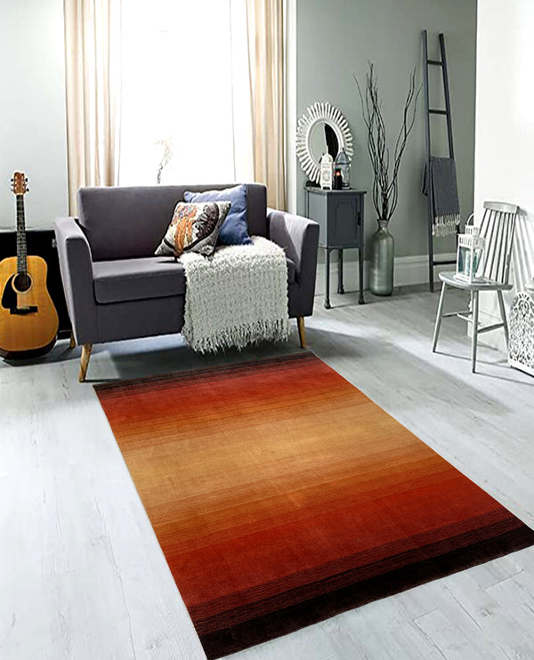 Rugslane Plain Textured Woolen Stripe Design Orange Gold Multi Color Thick Pile Carpet 5ft X 8ft