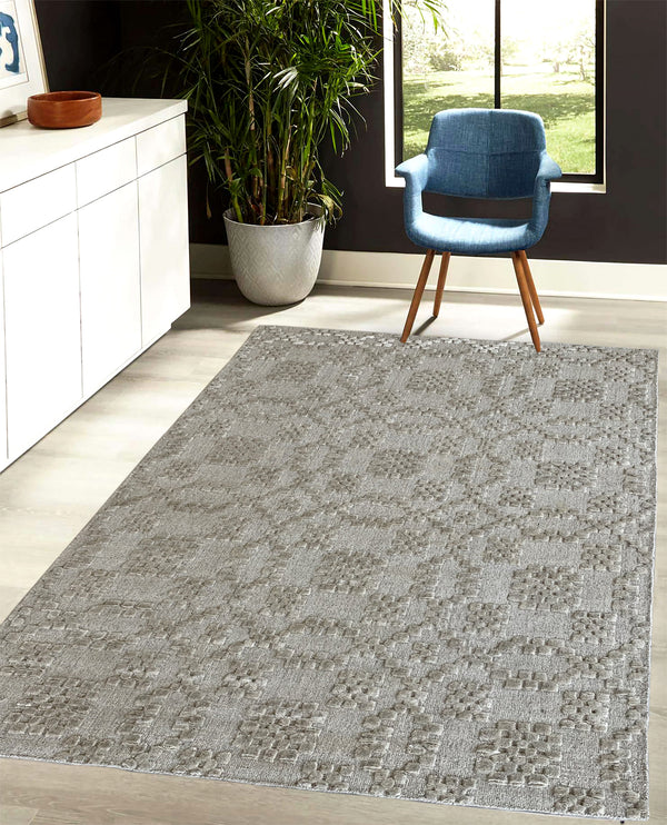 Rugslane Plain Textured Wool and Viscose Mix Textured Mosaic Design Silver High Low Carpet 5ft X 7ft