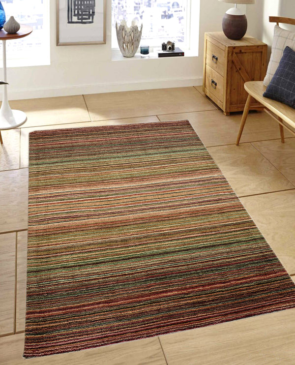 Rugslane Plain Textured Woolen Stripes Design Rainbow  Multi Color Thick Pile Carpet 4.10ft X 5.8ft