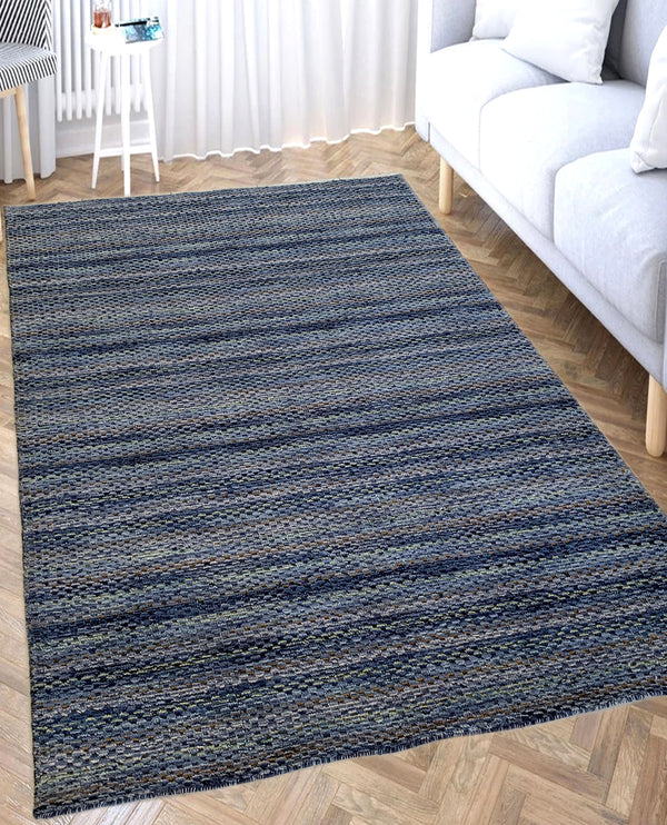 Rugslane Plain Textured Woolen Box Design Blue Multi Color High Low Carpet 4.6ft X 6.6ft