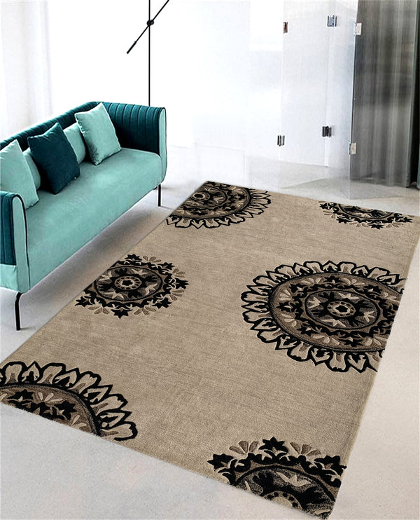 Rugslane Beige & Black Color Floral Design 100% New Zealand Wool Handmade Designer Carpet 5ft X 8ft