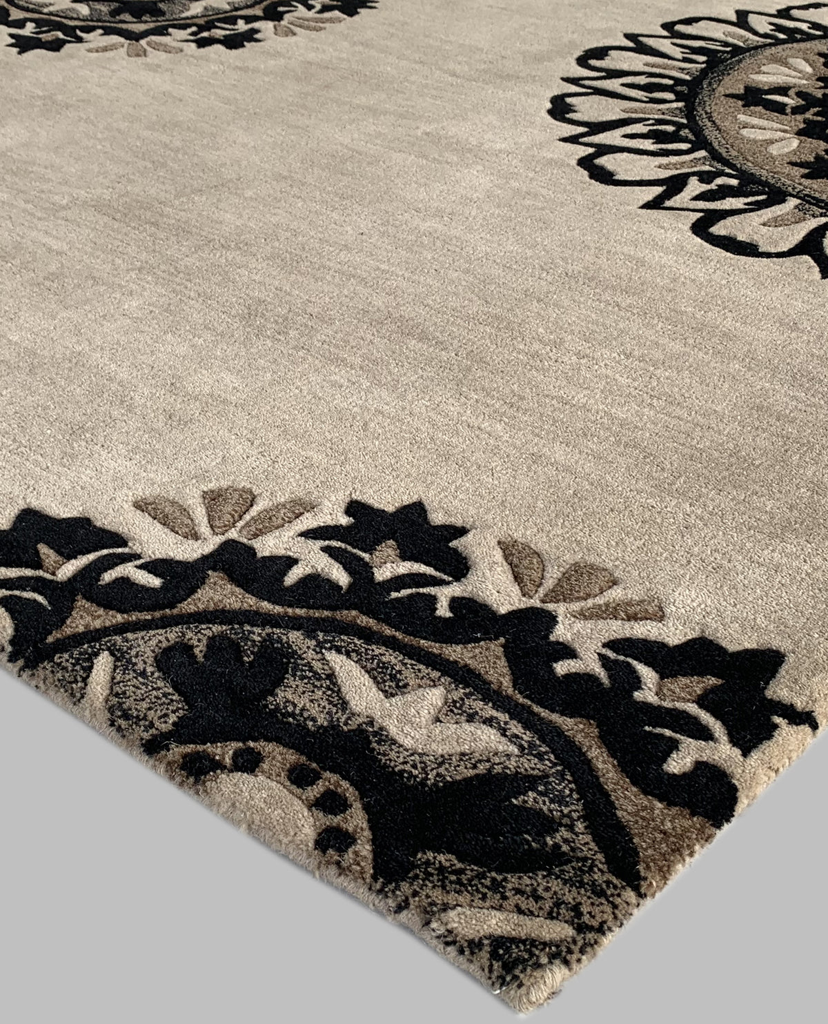 Rugslane Beige & Black Color Floral Design 100% New Zealand Wool Handmade Designer Carpet 5ft X 8ft
