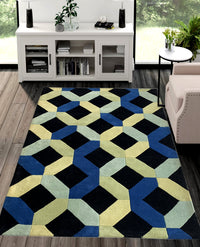 Rugslane Black & Gold Color Geomentrical Design 100% New Zealand Wool Handmade Modern Carpet 5.3ft x 7.7ft