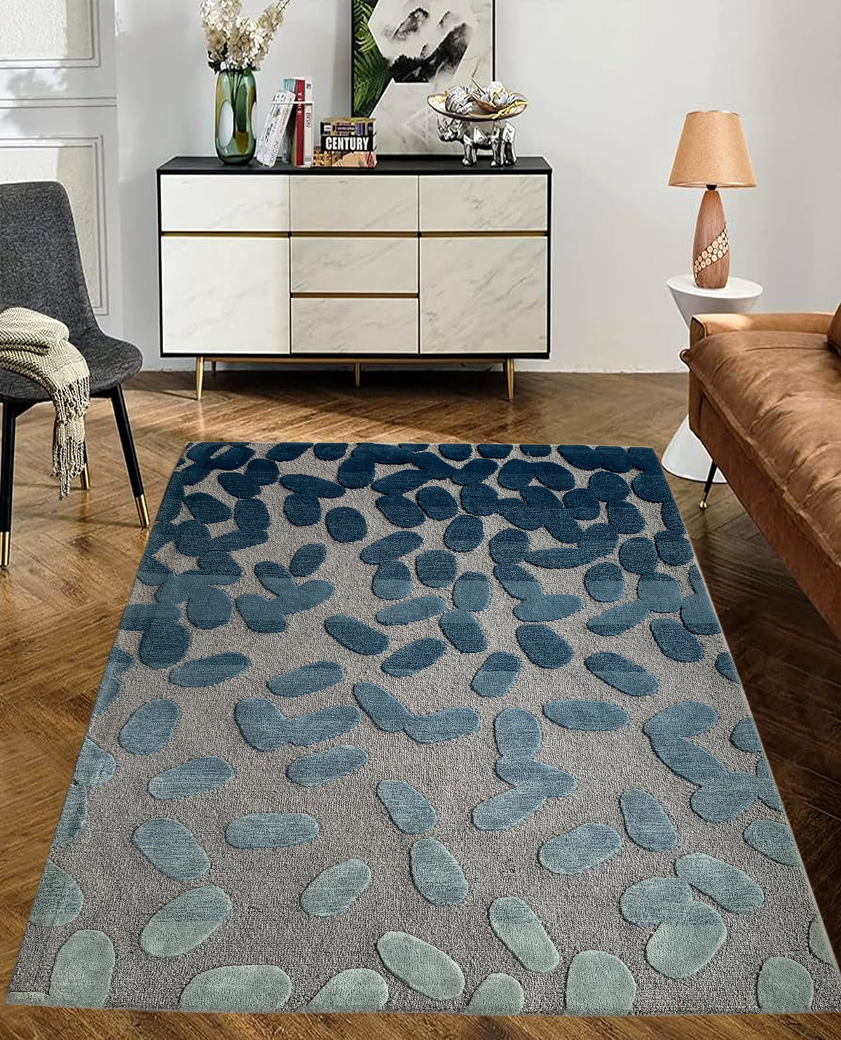 Rugslane Grey Blue Color Modern Design 100% New Zealand Wool Handmade Carpet 4.6ft x 6.6ft