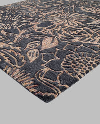 Rugslane Black & Pink Color Floral Design 100% New Zealand Wool Designer Handmade Carpet 4.6ft x 6.6ft