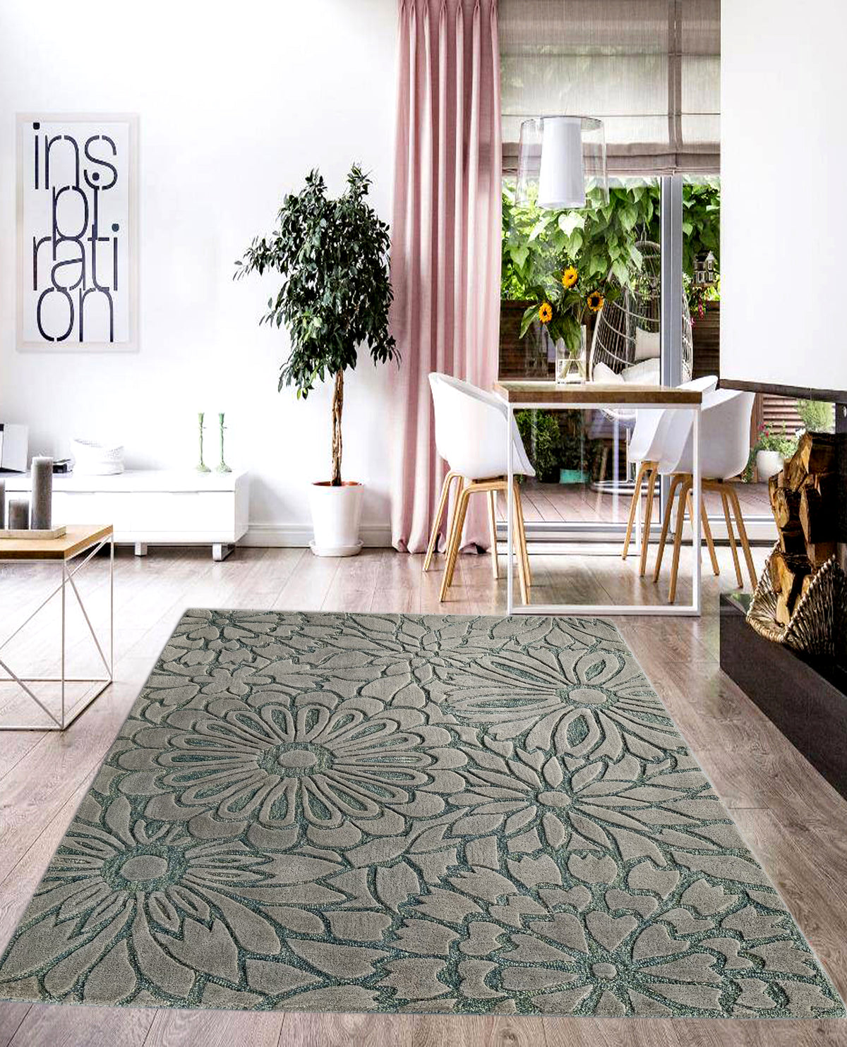 Rugslane Turquoise Color Floral Design Handmade Carpet 4.6ft x 6.6ft