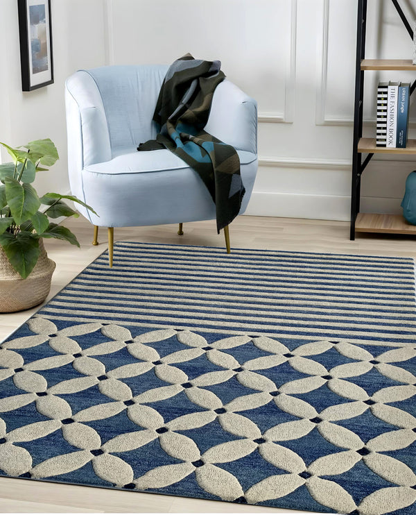 Rugslane Blue & White Color Modern Design 100% New Zealand Wool Handmade Carpet 4.6ft x 6.6ft