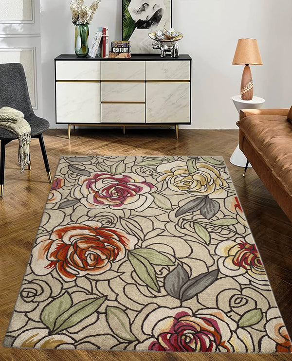 Rugslane Multi Color Floral Design 100% New Zealand Wool Handmade Designer Carpet 4.6ft x 6.6ft