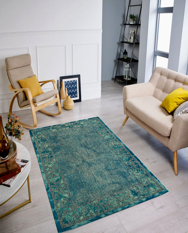 Rugslane Turquoise Color Modern Design 100% New Zealand Wool Handmade Floral Carpet 5ft x 8ft