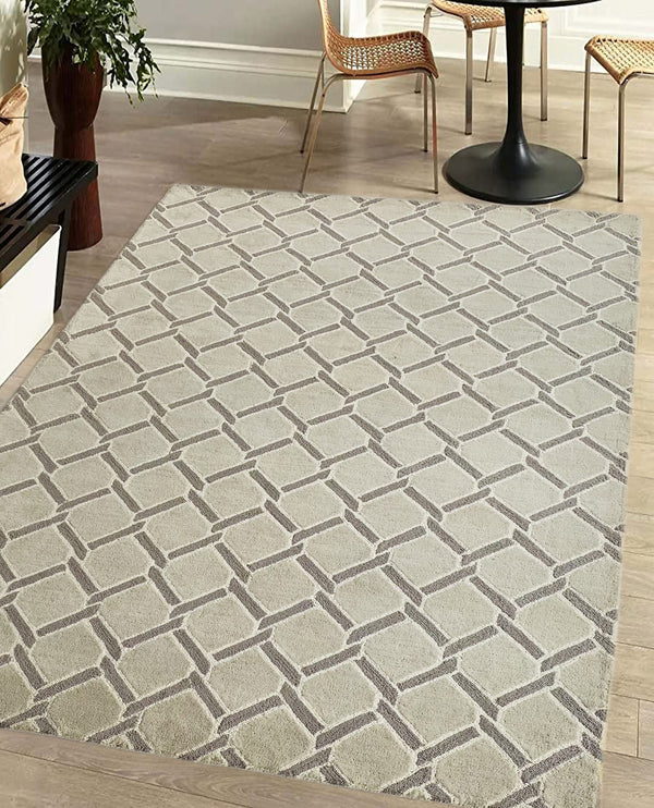 Rugslane Beige and Grey Color Trellis Design 100% New Zealand Wool Modern Handmade Carpet 5ft x 8ft
