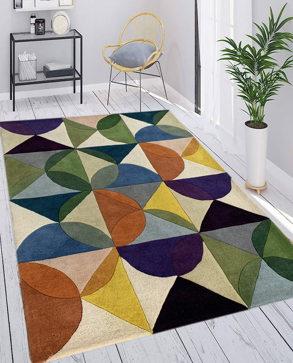 Rugslane Multi Color Geometric Design 100% New Zealand Wool Handmade Carpet 5.7ft x 7.10ft