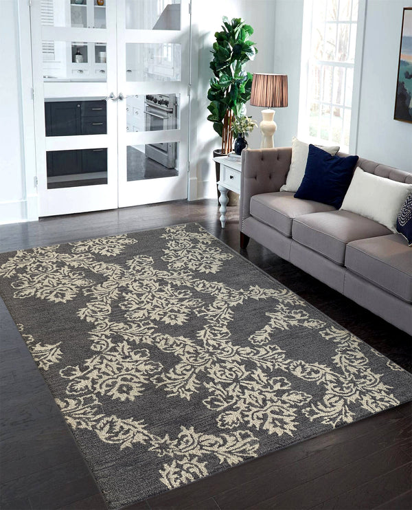 Rugslane Dk. Grey Color Floral Design 100% New Zealand Wool Handmade Carpet 5.0ft x 7.6ft