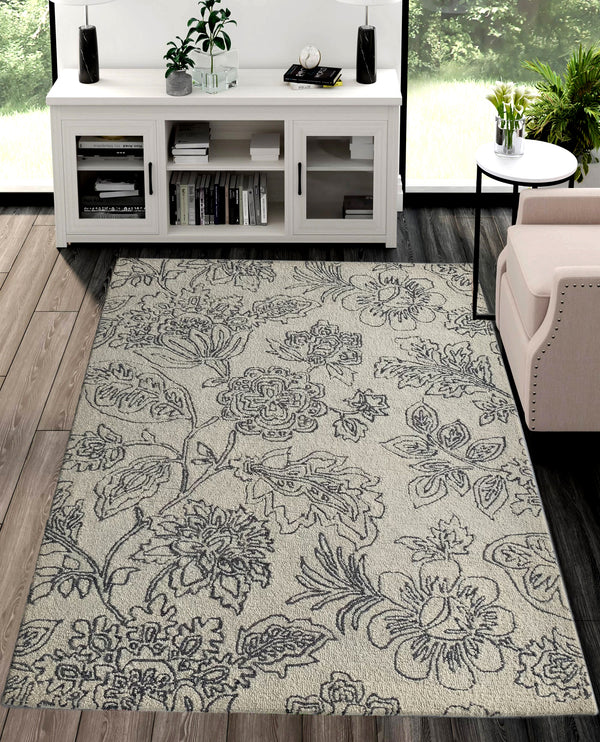 Rugslane White & Grey Color Floral Design 100% New Zealand Wool Designer Handmade Carpet 4.6ft x 6.6ft